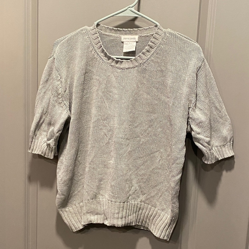 Pierre Cardin Short Sleeve Sweater Gray Cotton Knit Classic Minimalist Top M